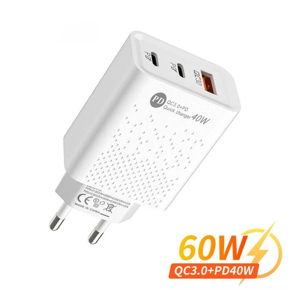 Cargador Rapido PD 3.0 60W 2xTIPO-C + 1xUSB